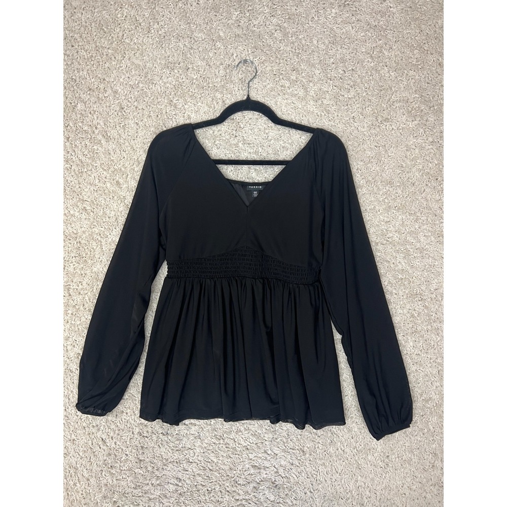 Torrid Mesh V-Neck Smocked Waist Babydoll Top Womens Medium Black Whimsygoth